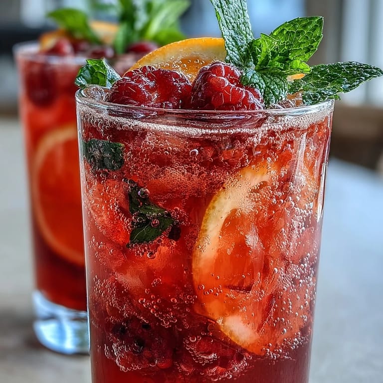 Colorful raspberry lemon spritz mocktail served in a festive glass with fresh mint and sparkling citrus flavors.