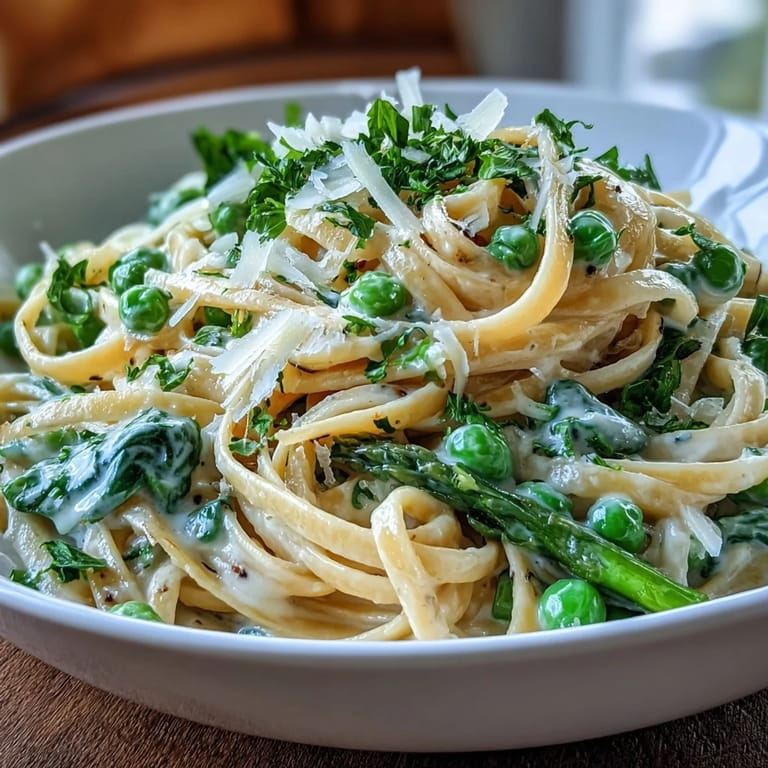 Bright vegetarian pasta dish with tender peas, baby spinach, and silky lemon cream sauce.
