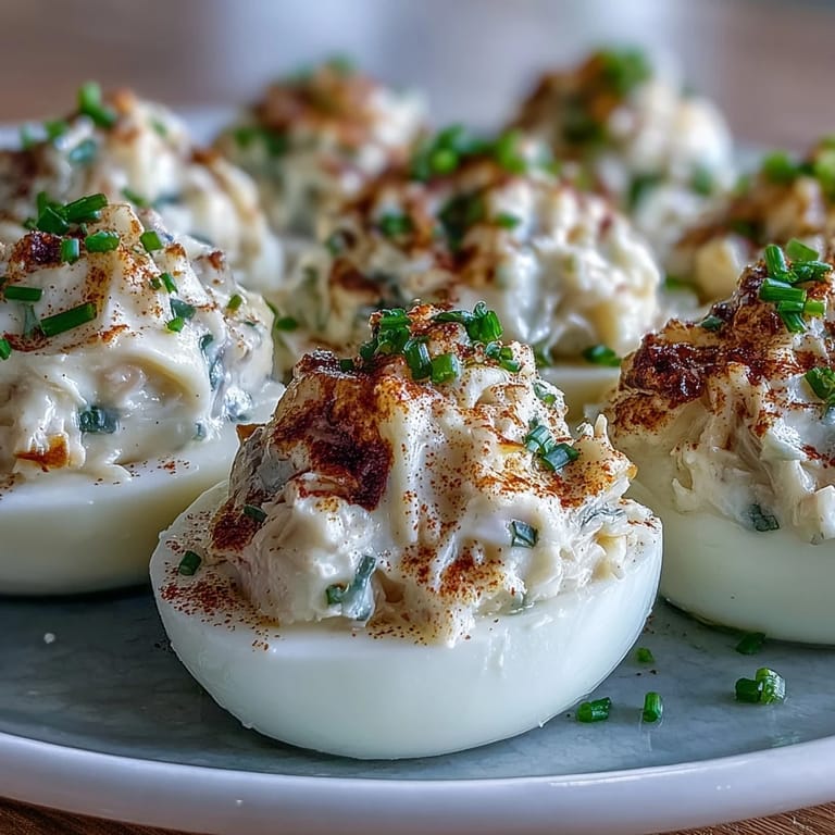 Golden Crab Cake Deviled Eggs with Old Bay seasoning, perfect for any party.