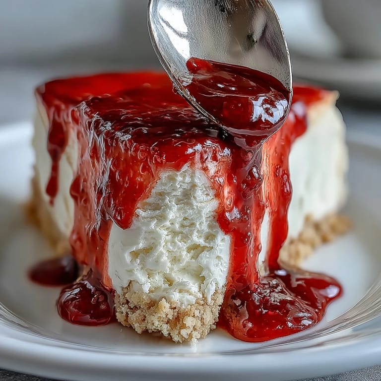 Perfect Mother's Day no-bake cheesecake dessert, artfully topped with ruby red coulis.