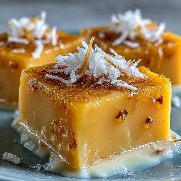 Refreshing mango agar-agar jelly presented with smooth coconut milk, begging to be served.