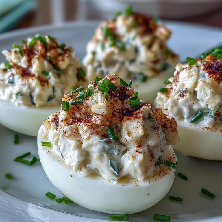 Savory Crab Cake Deviled Eggs with Old Bay, topped with fresh chives.