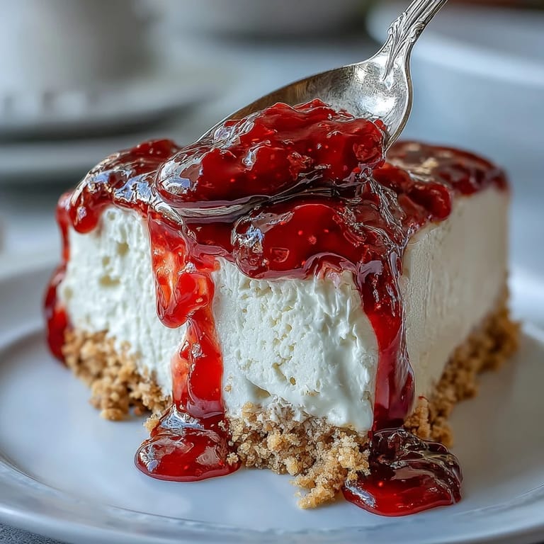 Luscious Mother's Day no-bake cheesecake on buttery crust, ready for berry coulis.