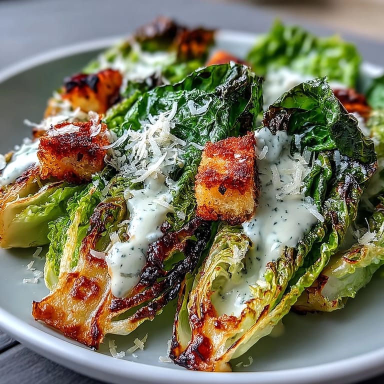Smoky, warm grilled Caesar salad with crunchy croutons and Parmesan.
