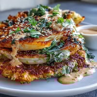 Golden roasted cabbage steaks with tahini drizzle on a rustic platter, garnished with parsley and lemon wedges for a vibrant vegan meal.