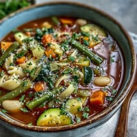 A steaming bowl of homemade Vegetable Minestrone Variation, featuring tender seasonal vegetables and creamy beans in a savory tomato broth.