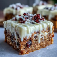 Freshly baked Cranberry Bliss Bars on a plate feature chewy bars studded with cranberries and topped with orange cream cheese frosting.