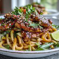 Golden brown chicken, crisp veggies, and spring onions top glossy noodles in a Sesame Chicken Noodle Bowl garnished with sesame seeds and lime wedges.