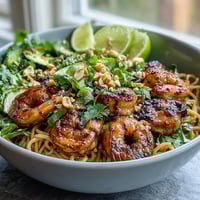 FRESH grilled shrimp Asian noodle bowl with avocado, crisp cucumber sprouts, and chopped peanuts in a sesame dressing.