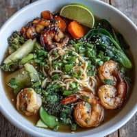 Vibrant Asian noodle bowl with tender shrimp and scallops in savory broth, garnished with fresh cilantro and sesame seeds.  