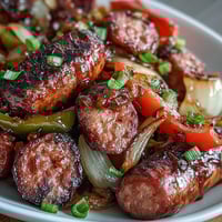 Sheet Pan Sausage and Peppers: juicy sausages roasted with sweet bell peppers and onions for a colorful, hearty dinner.