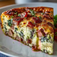 A golden, savory One-Pan Ham and Swiss Frittata loaded with ham, spinach, and melted Swiss cheese.  