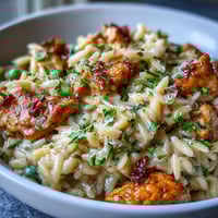 Creamy one-pot lemon orzo with tender chicken and sweet green peas, cooked in a single skillet for easy cleanup.  