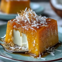 Vibrant mango agar-agar jelly cubes layered with creamy coconut milk, ready to delight.