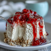 Creamy Mother's Day no-bake cheesecake with vibrant raspberry coulis drizzle.
